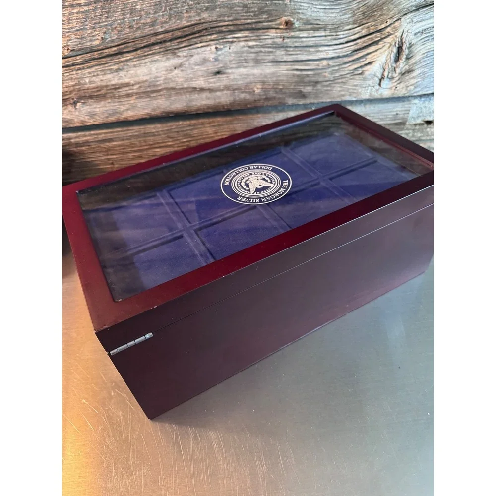 Morgan Silver Dollar Collection Wood Display Case 2 Tier 16 Slot Coin Box Blue